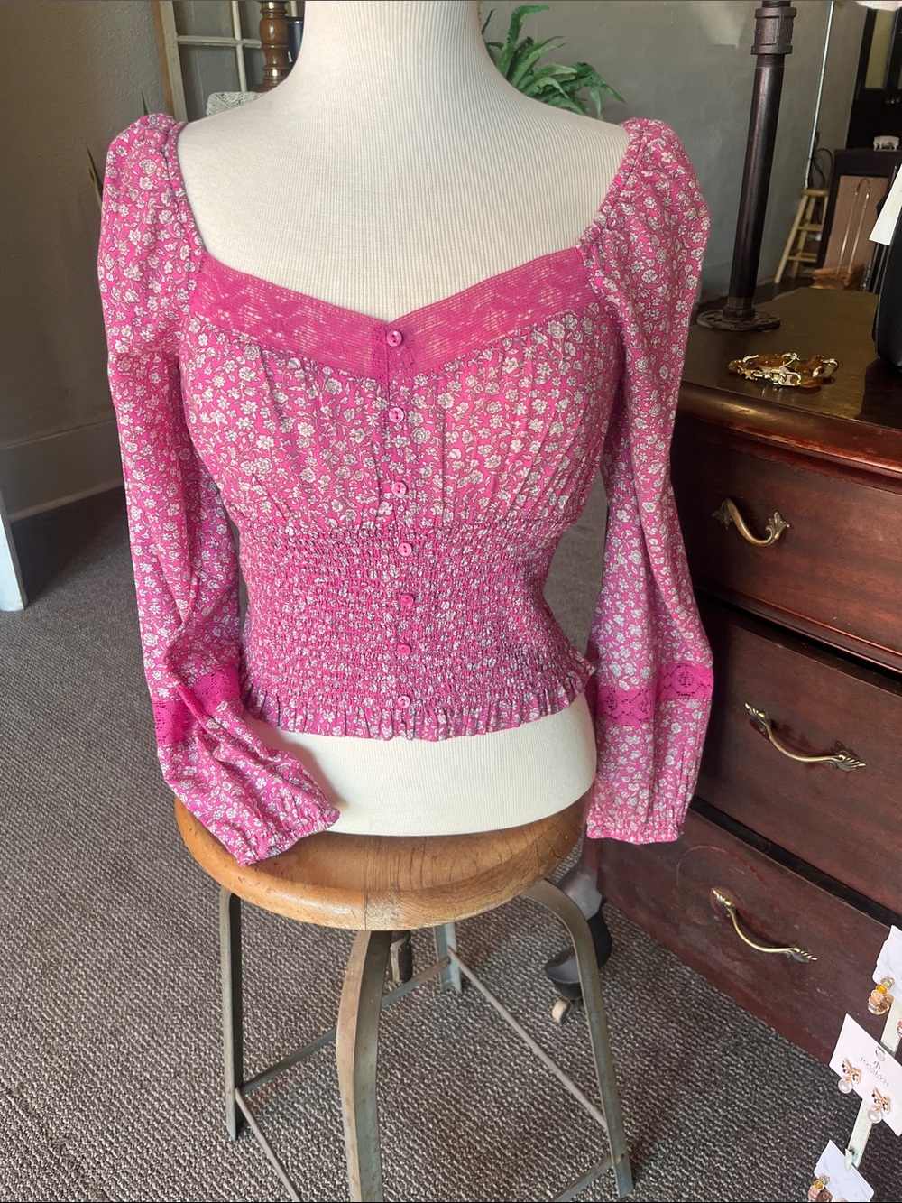 American Eagle Outfitters Pink Floral Smocked Button-Up Blouse
